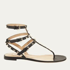 VALENTINO GARAVANI ROCKSTUD FLAT THONG SANDALS BLACK LEATHER W ANKLE STRAP GOLD